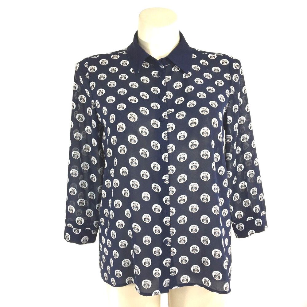 Hi There Karen Walker 12 Large Blouse Navy Blue Owl Dot 3/4 Sl Sheer Whimsy Top